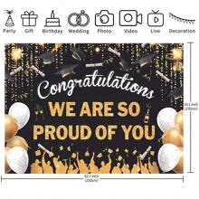 1 pieza de fondo de fotografía de graduación, sombrero de licenciatura negro y globo dorado, fondo de pancarta de celebración de fiesta de graduación