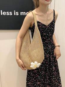 Hollow Out Knitted Tote Bag, Large Capacity Women's Handbag Beach Bag, Unlined, Made Of Polyester Fiber, Suitable For Summer Beach Vacation, Casual Party Gift