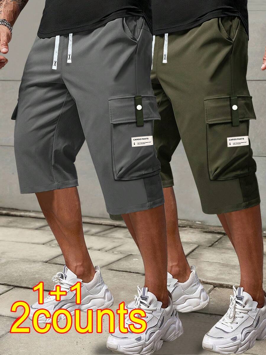 2 件男士休闲工装七分裤，夏季抽绳腰部，大口袋，字母贴片，时尚休闲运动裤，春夏