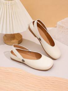 1 Par de Sapatos Flat Bege para Meninas, Material de PU, Design de Fivela Redonda de Metal Ajustável, Bico Redondo, Sola de TPR Antiderrapante, Mocassins Confortáveis de Vestir, Estilo Casual de Cor Sólida, Adequado para Meninas de 5 a 14 Anos, Uso Externo e de Férias, Todas as Estações