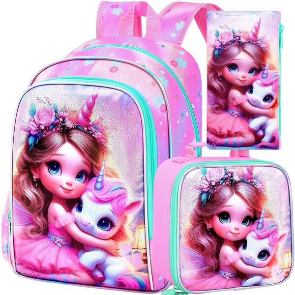 3PCS Unicorn Backpack For Girls, 16" Kids Backpacks For Girl Water Resistant Preschool, Elementary Bookbag With Lunch Box
