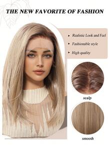 14 英寸优雅直发女士合成蕾丝假发 - 13x6 英寸透明蕾丝前部，高温纤维，无胶，自然外观和舒适贴合，非常适合日常佩戴、圣诞节、音乐节和派对、日常假发 | 优雅发型 | 优质纤维，长发假发 - 漸層 - 查看 5