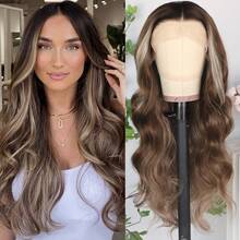 13X4 Free Part Black Green Highlights Body Wave Lace Front Wigs Pre Plucked Soft Long Wavy Hair Wigs Heat Resistant Wave Wigs Glueless Christmas Wig Long Wavy Synthetic Lace Front Wigs For Women Perfect For Daily Wear & Parties - Màu nâu highlight - Xem 2