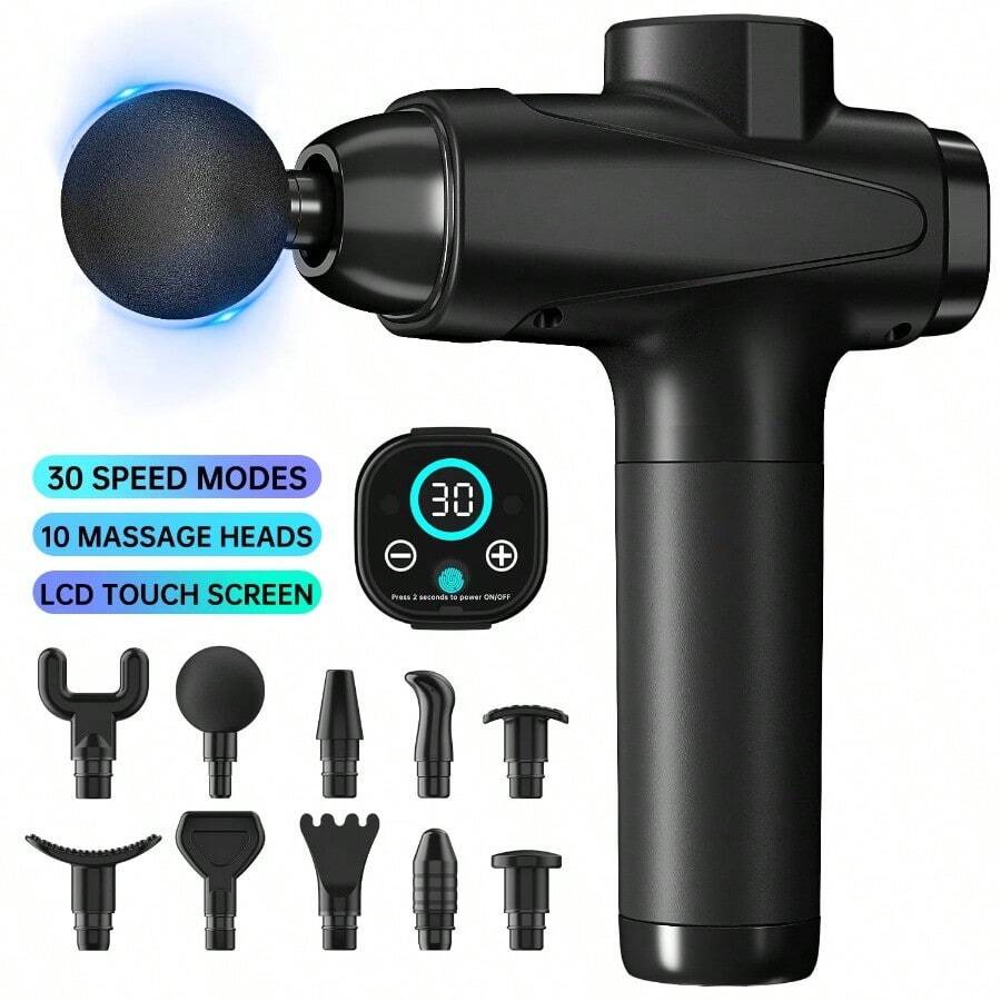 Deep Tissue Massage Gun Fascia Gun For Body Pain Relief 10 Replacement Heads Impact Back Massager Gun With 30 Speeds And LED Screen Black - Black - View 1