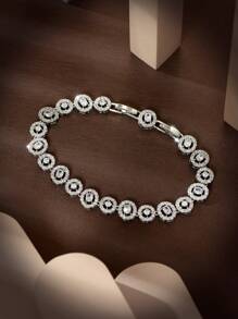 1 pieza Pulsera decorativa minimalista con cadena ovalada bañada en oro blanco de 18 K y piedras de circonita, adecuada para uso diario de mujer