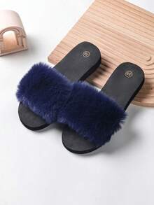 四季舒适，女士时尚毛绒拖鞋，蓬松装饰单带拖鞋春夏女士凉鞋，夏季可手洗织物鞋面和鞋垫，舒适家居鞋 - 藍色 - 查看 3
