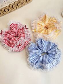 1pc Sweet Plaid Lace Scrunchie, Voluminous Bun Holder Ponytail Tie, Soft & Elegant Hair Accessory