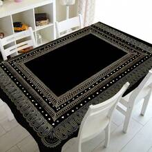 1 pieza Mantel de estilo bohemio de color negro con bordado dorado - Mantel rectangular de poliéster para decoración de comedor, apto para uso en interiores y exteriores, perfecto para fiestas y decoración del hogar, decoración de mesa de comedor de estilo boho, mantel duradero, decoración de mesa - Negro - Ver 7