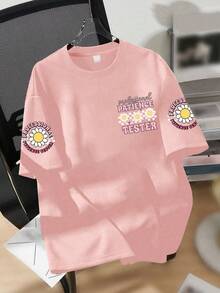 Tween Girl Casual Simple Girl T-Shirt Sunshine Flowers Pattern Vacation Holiday Style Kids Clothes Girls Pullover Round Neck Short Sleeve T-Sleeve Spring And Summer New Short Sleeve Top - Pink - View 3