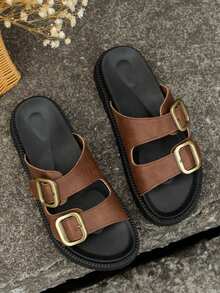 Novas sandálias plataforma femininas plus size, estilo minimalista versátil e moderno, design de peito do pé coberto em cor sólida, macio e confortável