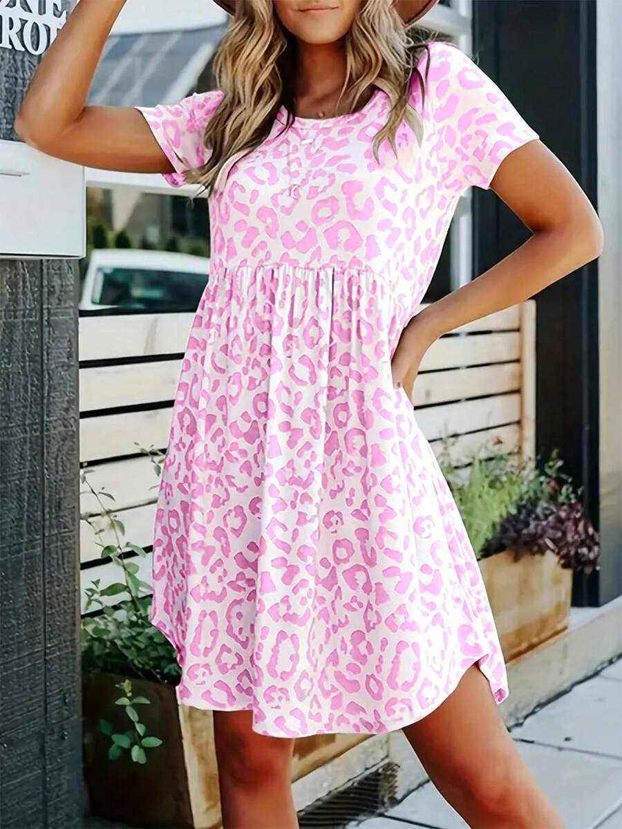 Vestido estilo camiseta holgado informal de manga corta con cuello redondo y estampado de leopardo para mujer - Rosa - Ver 1