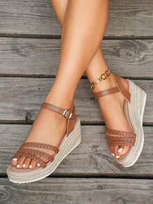 女士草编绳编织厚底凉鞋，时尚春夏厚底