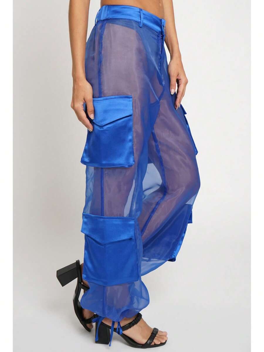 SANS SOUCI ORGANZA CARGO PANTS  Plain    Casual  Party    Organza    Pocket  Sheer    Pants  Night Out  Daily    All Seasons Festival - 寶藍色 - 查看 1
