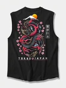 休闲男士宽松背心，创意图案，百搭日常穿着，宽松休闲版型，独立风格 - 黑色 - 查看 2