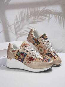 New Bohemia Outdoor Casual Breathable Wedge Platform Sneakers For Plus Size Women, Suitable For Spring & Autumn