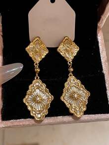1 Piece Of Diamond-Shaped Micro-Inlaid Diamond Flower Gorgeous And Elegant Copper-Gold Women's Earrings, Suitable For Business Banquets, Dinner Parties And Dances - Vàng - Xem 5