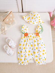 2pcs Set Cute Baby Girls Summer Ditsy Floral Romper + Hat - Yellow - View 1