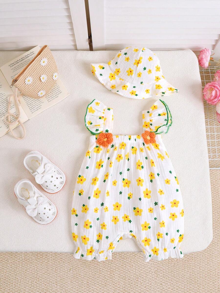 2pcs Set Cute Baby Girls Summer Ditsy Floral Romper + Hat - Yellow - View 1