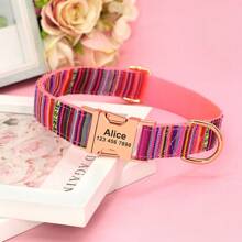 Collar personalizado para perros de nailon suave a rayas con placa de identificación grabada, collar de mascota ajustable y antiextravío