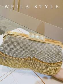 Luxury Golden Rhinestone Clutch Bag With Tassels, Sparkling Crystal Handbag For Evening Party, Wedding, Cocktail, High-End Fashion Lady Party Purse, Top-Handle, Crossbody, Small Square Clutch