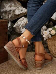 Plus Size Women Thick Sole Woven Waterproof Platform Sandals, Elegant And Comfortable - Brown - View 4