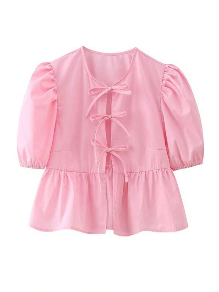 Plain    Casual  Cute    Ruffle Hem  Knot  Bow - 粉色 - 查看 1