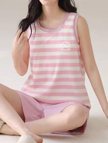 AICJ 2 piezas Conjunto de pijama de mujer casual con parte superior sin mangas de cuello redondo con estampado de rayas y flores, y shorts. Ropa de casa suave y cómoda para primavera/verano - Rosa Pálido - Ver 4
