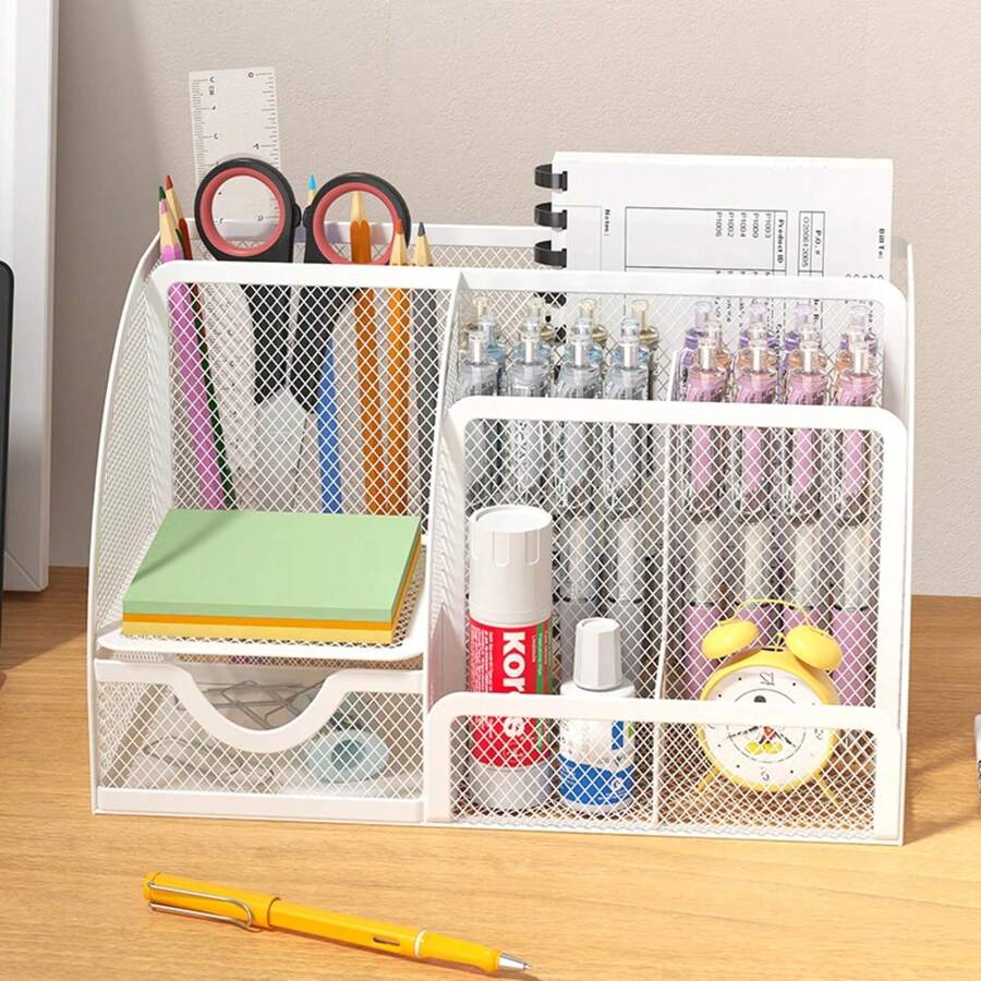 Mesh Pen Holder And Organizer Office Supplies With 7 Compartments, Desktop Organizer With Drawer, Metal Pen Holder For Desk