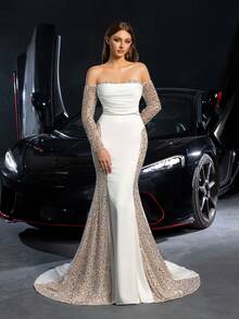 婚纱新娘礼服 | 奢华露肩缎面美人鱼婚纱，搭配闪亮长袖装饰，非常适合教堂婚礼、海滩晚会、空灵的花园招待会和豪华晚宴 - 白色 - 查看 4
