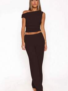 Pleated Design Slim Fit Flattering Droop Shoulder Butter Yellow Short Sleeve T-Shirt Casual Crop Top - Brown - View 3