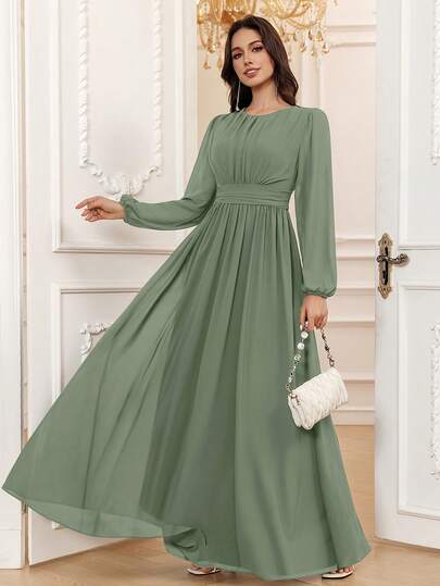 Volly Toych Eucalyptus Autumn Outfits Women Elegant A-Line Scoop Long Sleeve Floor-Length Chiffon Formal Bridesmaid Dress,Wedding Guest Dress,Sleeves Without Lining