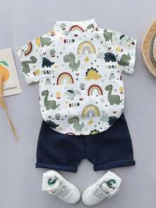 Bộ áo sơ mi tay ngắn và quần short in hình khủng long ngẫu nhiên cho bé trai/bé mới biết đi, mùa hè - màu xanh lá - Xem 2