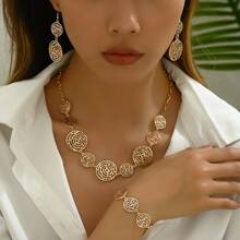 4 peças/Conjunto Conjunto de Joias Pulseira, Colar e Brincos com Elos Circulares Ocos em Estilo de Teia de Aranha Elegante e da Moda, Adequado para Mulheres como Presente, Férias e Uso Diário