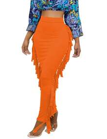 SEBOWEL Cotton Blend Sides Tassel Maxi Skirt Casual Bodycon Skirts Bottom
