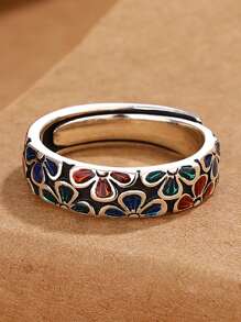 1pc Vintage Stylish Floral Enamel Ring, Creative Design, Fashionable, Adjustable, Suitable For Women Everyday Wear And Evening Party, Epoxy Craftmanship