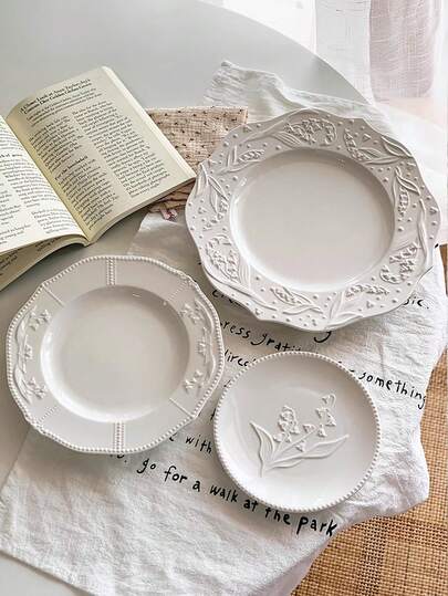 1 件 6.5 英寸/8.5 英寸/11 英寸法国复古浮雕百合花卉陶瓷盘、意大利面拼盘、水果蛋糕盘、甜点盘、珠宝展示托盘，适用于家庭聚会、派对、户外野餐、礼物、家居装饰