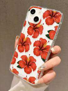 Flower 1pc Minimalist Red Hibiscus Pattern Airbag Anti-Slip Soft Phone Case Compatible With Iphone 11/12/13/14/15/16 Pro Max