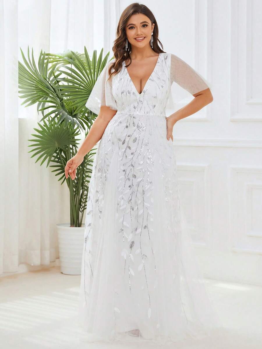 EVERPRETTY Plus Size Sequin Embroidered Deep V-Neck Mesh Wedding Dress Suitable For Summer Garden Wedding Party White Dress For Bride - White - View 1