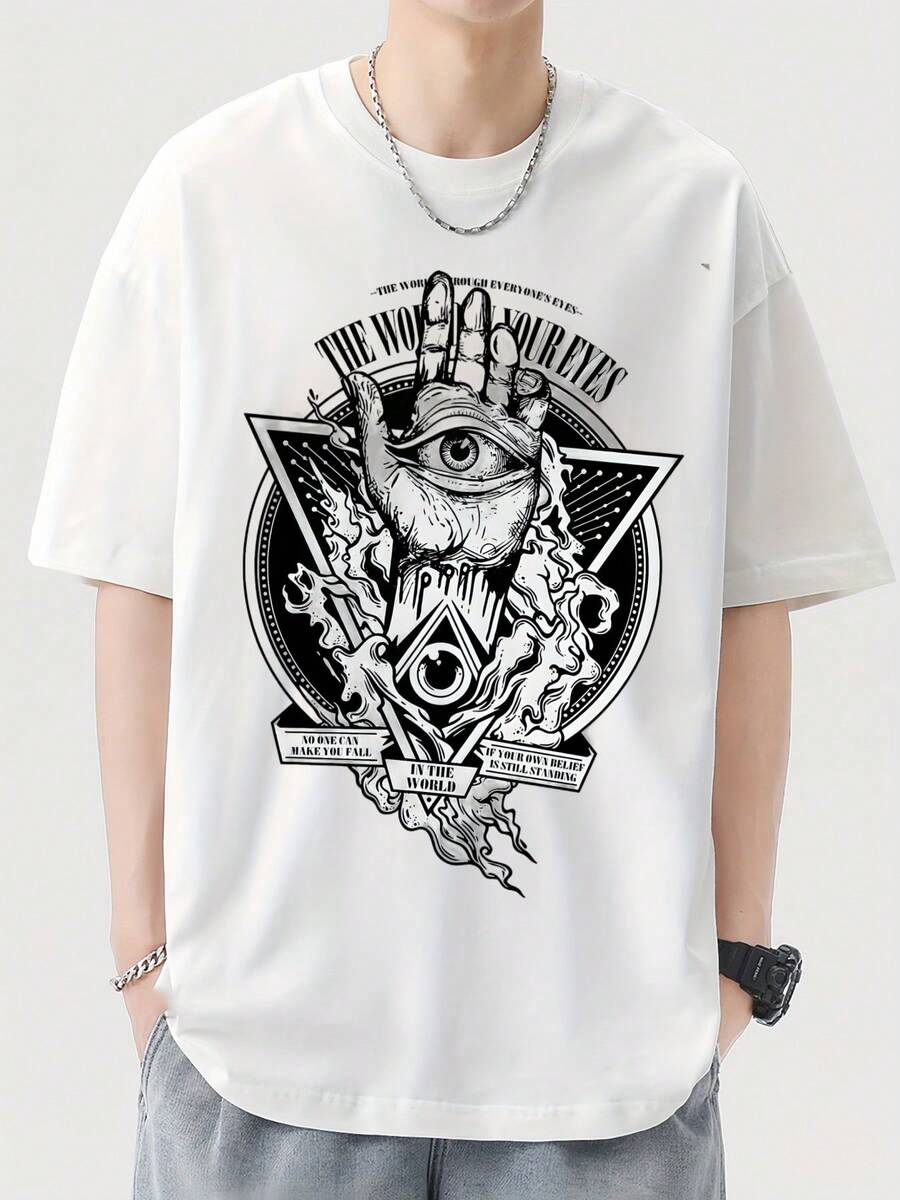 Eye Graphic Print Men's Summer T-Shirt, Men's 220gsm New Summer Casual Crew Neck Pure Cotton Short Sleeve T-Shirt (1 Pc) - 白色 - 查看 1