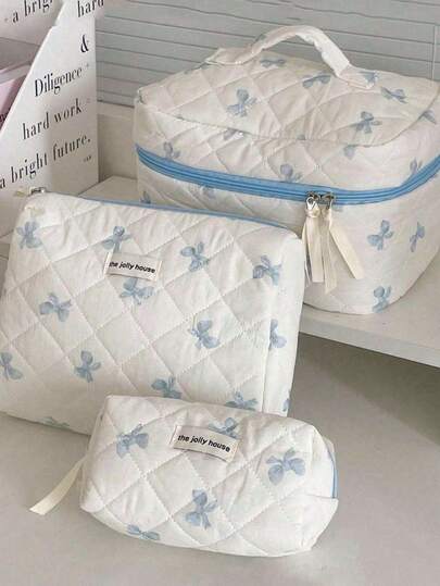 3件套/1件蓝色绗缝蝴蝶结玫瑰图案化妆包，旅行化妆包 - 时尚便携化妆袋，多功能收纳包，大容量可爱洗漱包，轻便拉链化妆包，甜美风格洗漱收纳盒，印花洗漱包，可收纳口红、化妆刷、护肤品、手机、零钱、小物件，母亲节礼物，闺蜜礼物，教师礼物