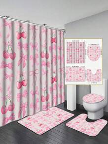 [1/4 pièces Ensemble salle de bain rêve] 1/4 pièces Ensemble de rideaux de douche rose cerisier délicat, tapis de toilette en U, housse de siège de toilette, ensemble de salle de bain décoratif, avec 12 crochets Rentrée scolaire