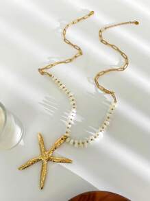 Monlansher Collana con pendente a forma di stella marina in acciaio inossidabile e perline alla moda per donna, collana artigianale con catena e pietra bianca, adatta a uso casual, da festa e quotidiano
