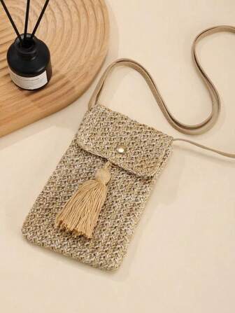 New Summer Beach Holiday Travel Fashion Tassel Simple Mini Phone Shoulder Crossbody Bag, Solid Color Straw Woven Women Handbag