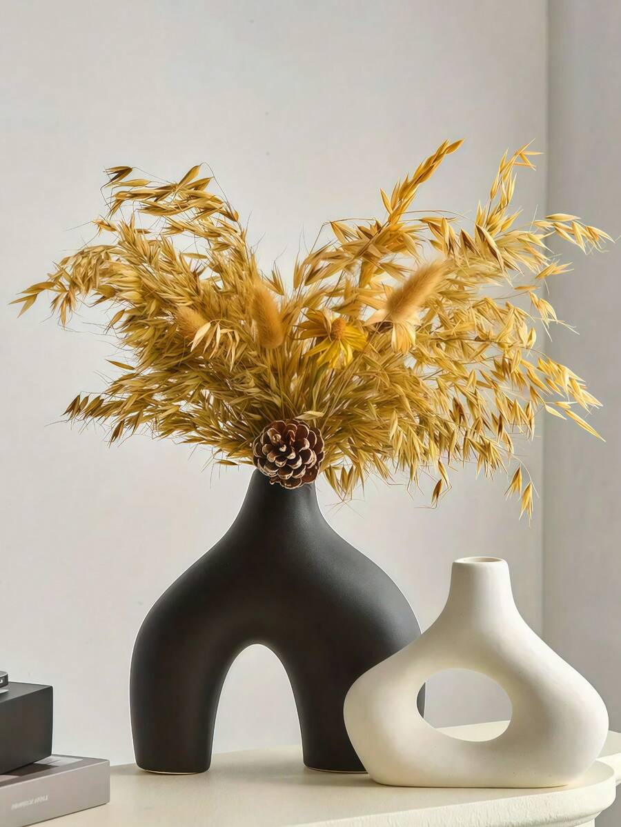 两件套陶瓷花瓶，圆形甜甜圈造型，适合插芦苇草，北欧简约波西米亚风格，适用于客厅、婚礼、晚宴、卧室等场合，玻璃花瓶 - 彩色 - 查看 1