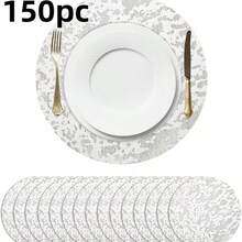12/24/50/100/150 Stücke 33cm rundes Einweg-Besteck-Set in Goldfarbe, elegante Folie Tisch-Deko, geeignet für Hochzeit, Party, Veranstaltung, Weihnachten, Thanksgiving, Geburtstag, Abschluss, Candle-Light-Dinner, Valentinstag und Single-Party