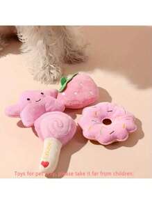 PETSIN 4 Peças Conjunto de Brinquedos de Pelúcia Fofos e Com Som para Cães e Gatos Pequenos - Designs de Pirulito, Estrela, Rosquinha e Morango - Brinquedos Interativos e Companheiros para Dormir, Brinquedos para Cães, Brinquedo de Roer para Cães, Suprimentos Interativos