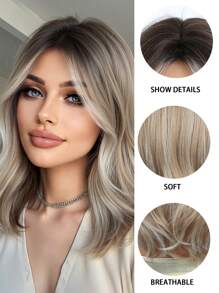 16 Inch Long Body Wave Ombre Blonde Synthetic Wig Middle Part Light Blonde Long Curly Wig For Women Daily Paty Cosplay Wigs,Vacation Travel Family Party Everyday Wear,Mother's Day Gifts,Eid Al-Fitr Gifts