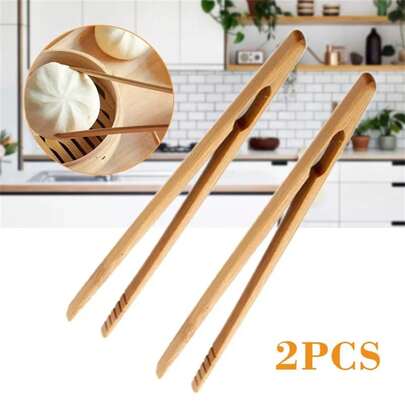 2Pcs Pinzas de Madera de Bambú de 18cm para Tostadas, Ensaladas, Tostador, Tocino, Azúcar, Té Helado, Pinzas de Té, Utensilios de Té para Cocina