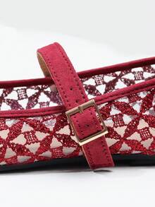 ADAMUMU Women's Fashion Square Toe Casual Party Office Buckle Breathable Woven Hollow Mesh Comfortable Slip-On Flat Shoes, Wine Red - Burgundy - View 5