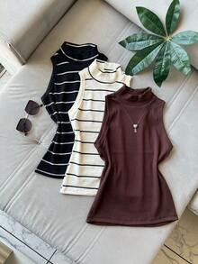 3 Pieces Tank Top Kit With High Neck Ribbed Fabric Striped Basic Long Tank Top Winter Fashion Color Block Cut And Sew Striped Casual Elegant Knitted Button - 套件 3 棕色 - 查看 1